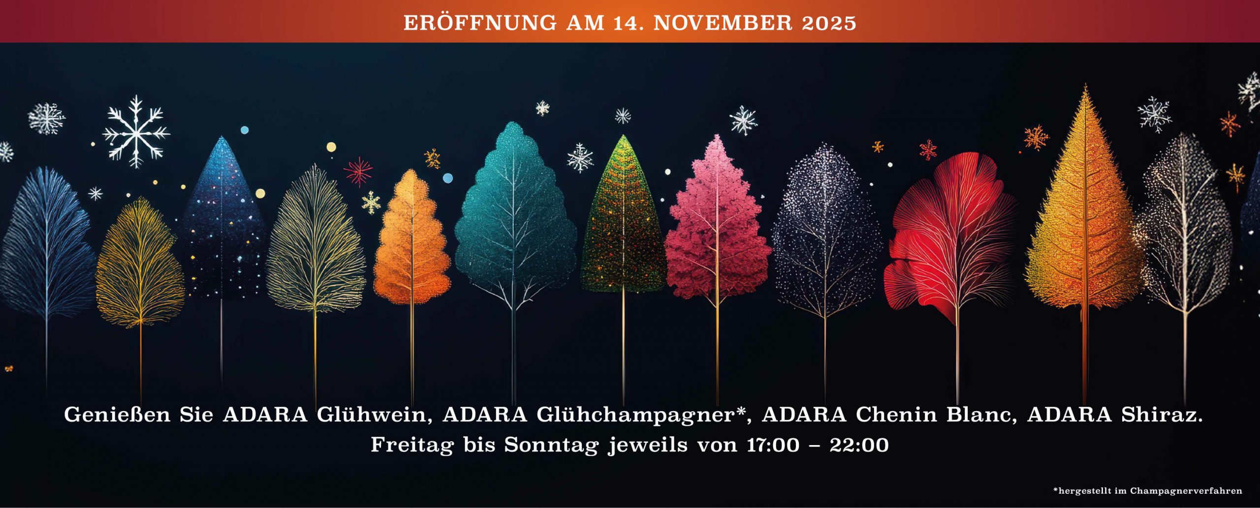 Winterzauber am Hoyerbergschlössle Eröffnung am 14. November 2025 Genießen Sie ADARA Glühwein, ADARA Glühchampagner*, ADARA Chenin Blanc, ADARA Shiraz. Freitag bis Sonntag jeweils von 17:00 - 22:00 *hergestellt im Champagnerverfahren