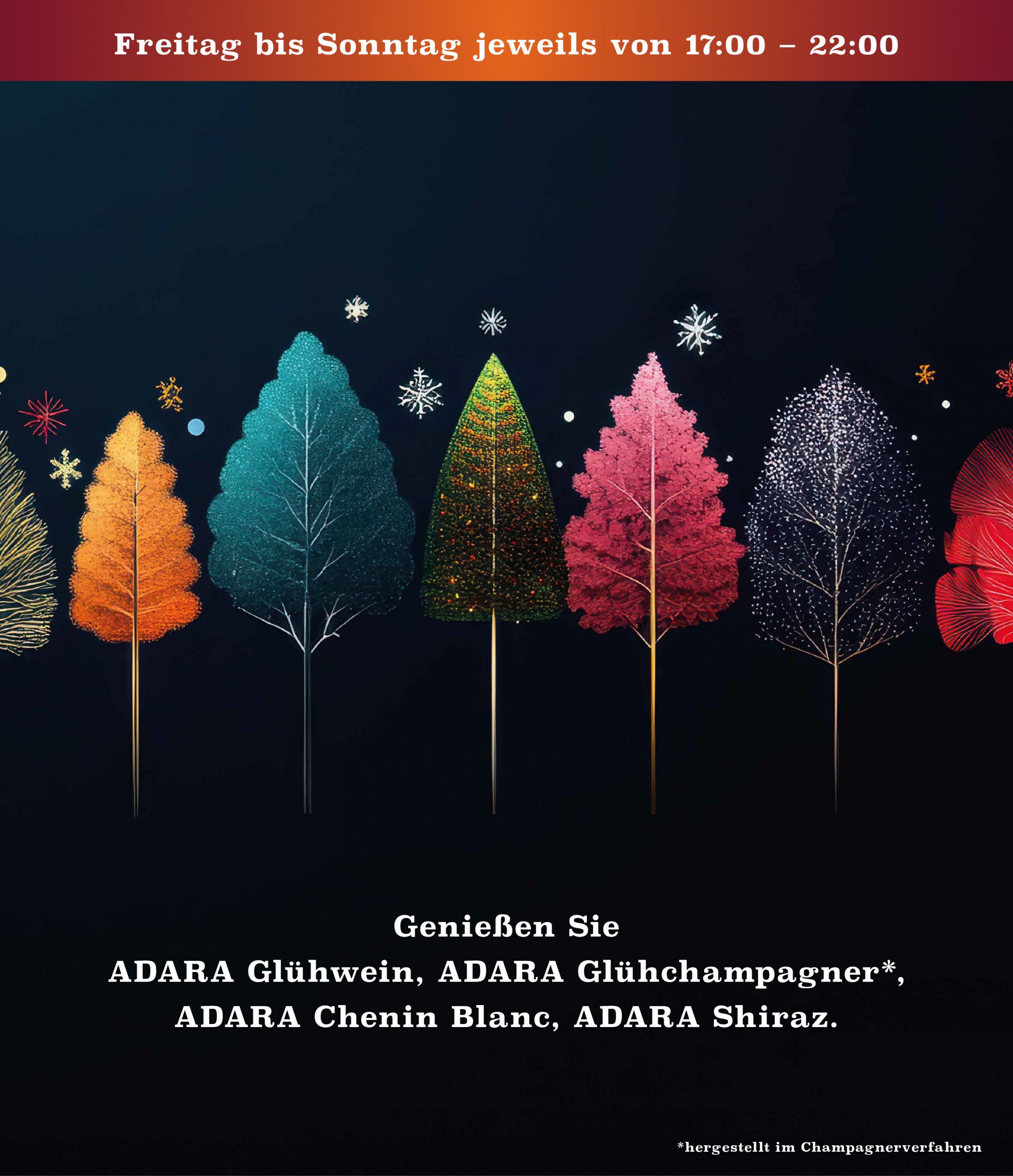 Winterzauber am Hoyerbergschlössle | Genießen Sie ADARA Glühwein, ADARA Glühchampagner*, ADARA Chenin Blanc, ADARA Shiraz. Freitag bis Sonntag jeweils von 17:00 - 22:00 | *hergestellt im Champagnerverfahren